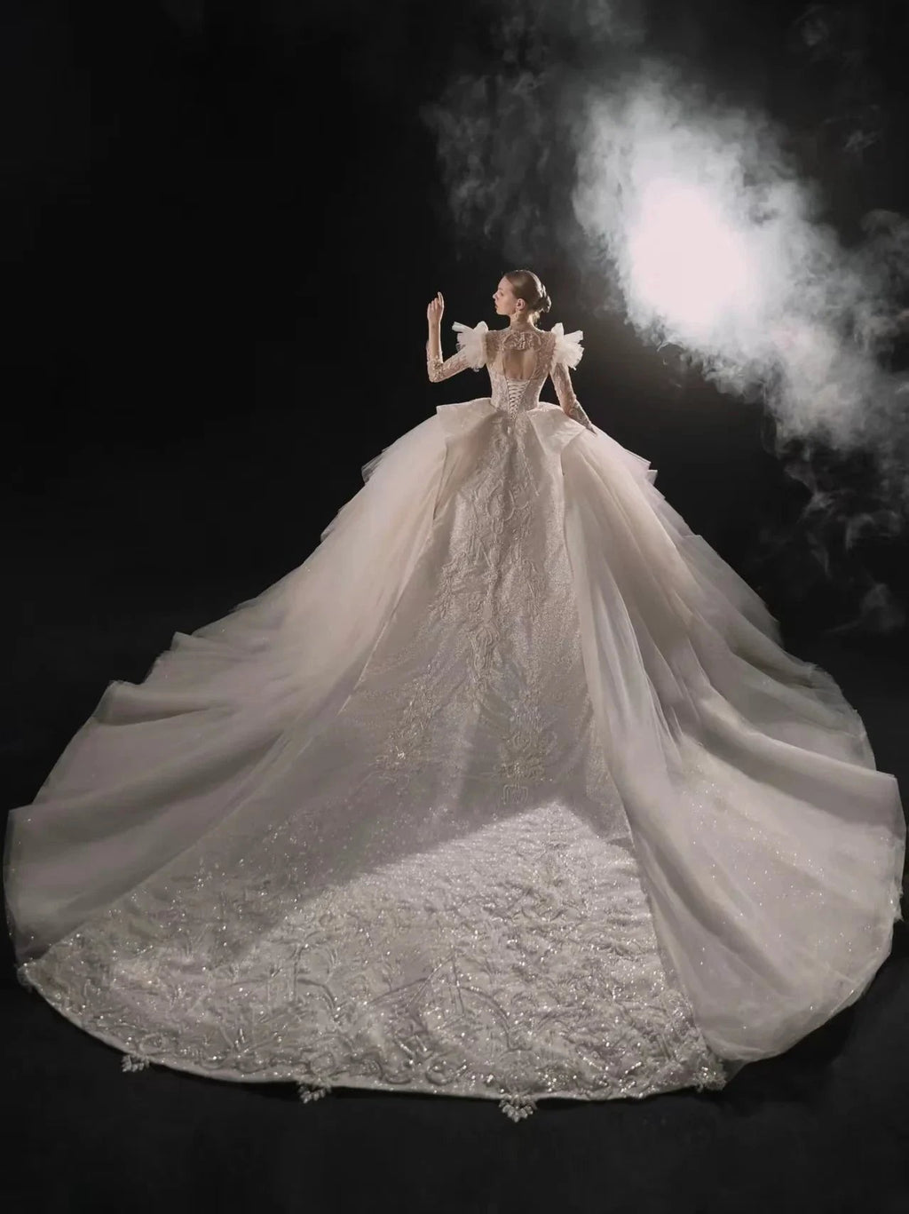 Glamorous V-Neck Ball Gown Long Lace Sleeve Beaded Embroidery Wedding Dress with Ruffled Train E315 by ZAPDRESS