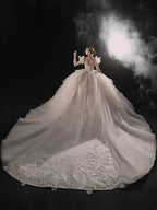 Glamorous V-Neck Ball Gown Long Lace Sleeve Beaded Embroidery Wedding Dress with Ruffled Train E315 by ZAPDRESS