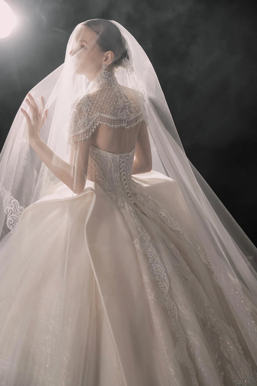 Regal High-Neck Ball Gown Beaded Mesh Capelet Satin Panel Wedding Dress with Embroidered Train Q6005 by ZAPDRESS