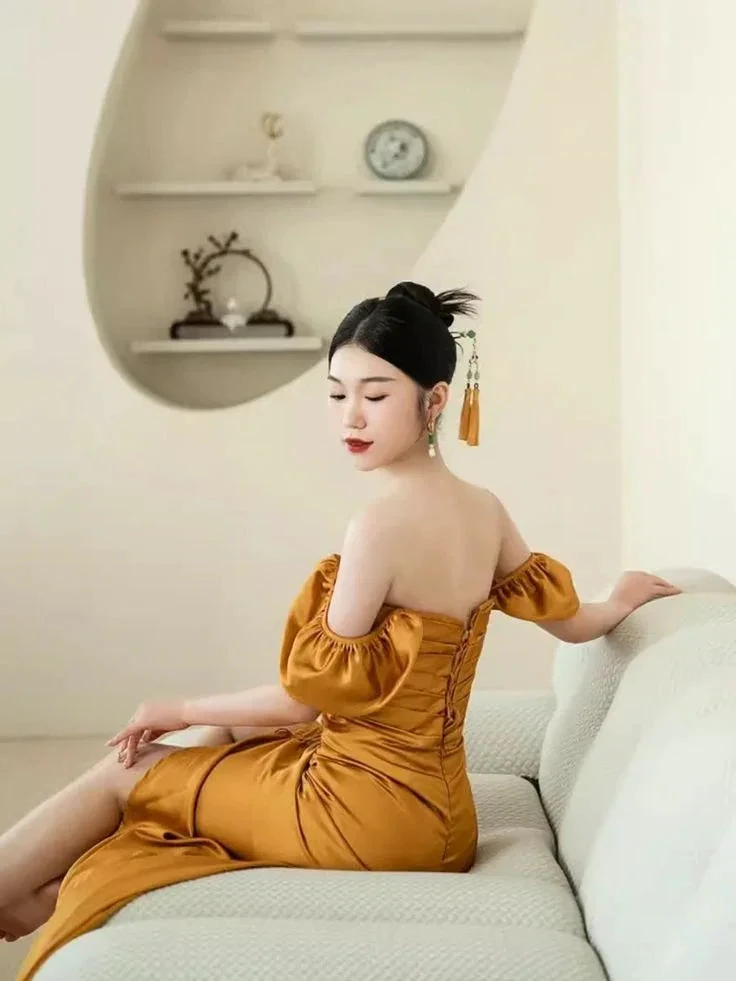 Sheath Off The Shoulder Yellow Pleated Prom Dress Slit Evening Dress Y7598 by simplepromdress