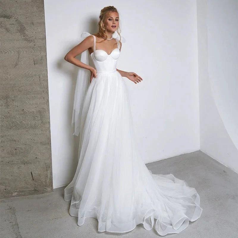 Simple White Tulle Wedding Dresses Boho Bow Spaghetti Straps A-Line Beach Wedding Party Gowns Abito Da Sposa 2021 by payinti