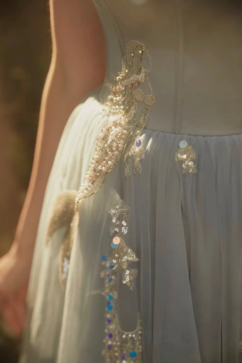 Elegant Dusty Blue Off-Shoulder Tulle Ball Gown with Puff Sleeves & Crystal Embroidery by ZAPDRESS