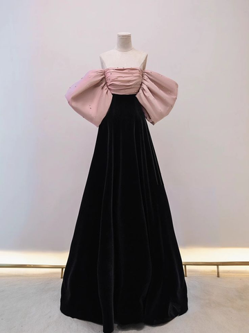 Hermoso vestido de noche largo de satén y terciopelo con hombros descubiertos Y7611