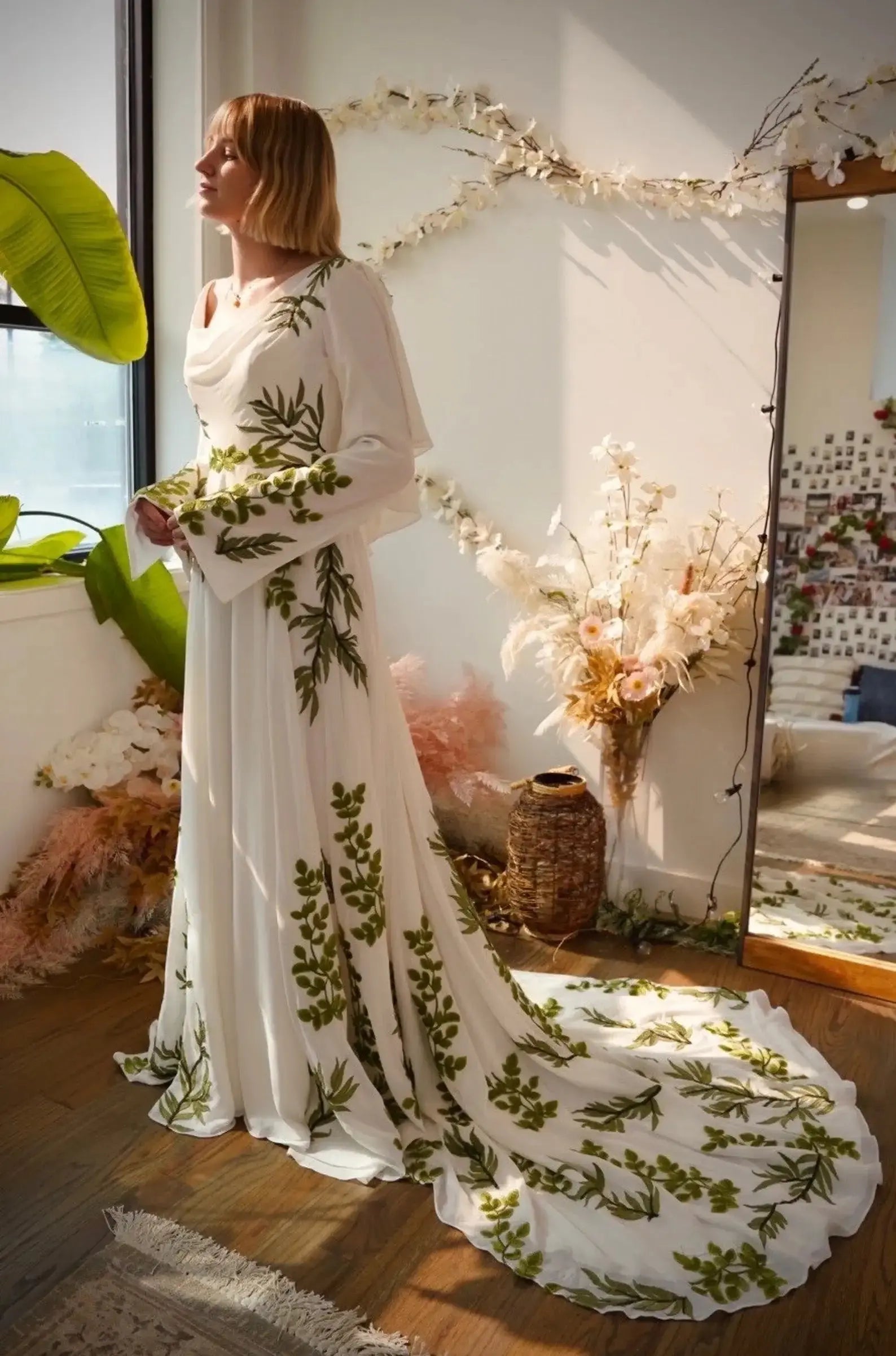 Luxury White & Green Botanical Print Cape Boho Train Wedding Dress SW642