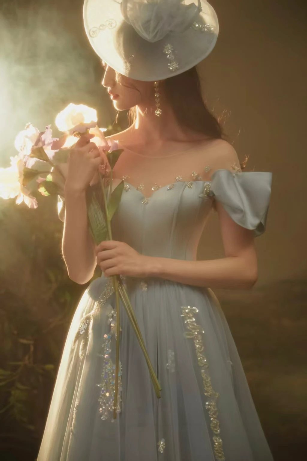 Elegant Dusty Blue Off-Shoulder Tulle Ball Gown with Puff Sleeves & Crystal Embroidery by ZAPDRESS