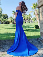 Simple Backless Royal Blue Off-the-Shoulder Mermaid Prom Gown by BIZTUNNEL