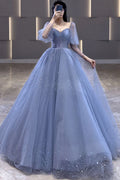 Blue Tulle Beaded Long A Line Prom Dress Formal Evening Dress Ball Gown Y7627 by simplepromdress