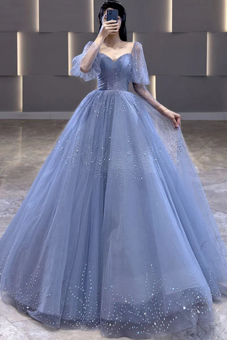 Blue Tulle Beaded Long A Line Prom Dress Formal Evening Dress Ball Gown Y7627 by simplepromdress