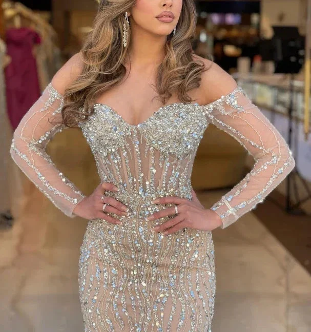 Luxury Sweetheart Long Strapless Beading Tulle Prom Dress Mermaid Evening Gown Y7629 by simplepromdress