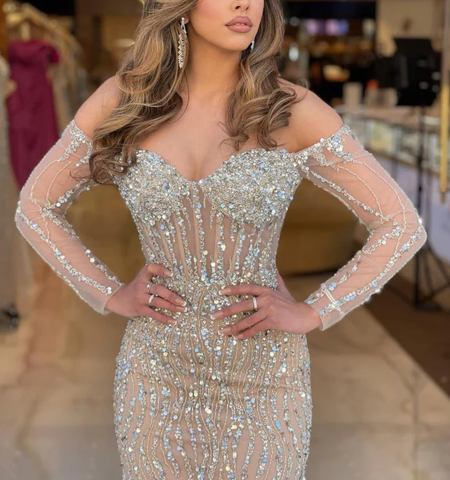 Luxus Sweetheart Langes Trägerloses Perlenbesetztes Tüll Ballkleid Meerjungfrau Abendkleid Y7629