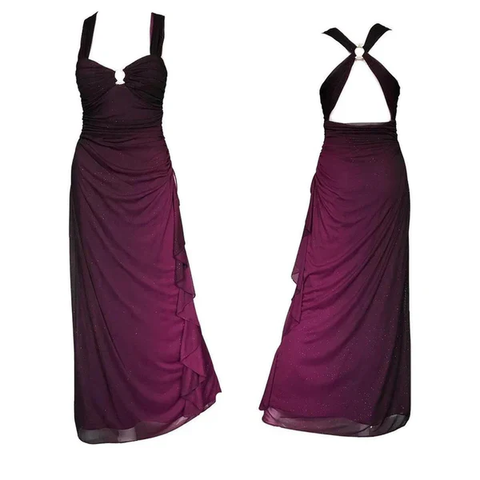 Vestido de noche largo de gasa color morado uva con escote en V profundo, sin espalda, para fiesta y graduación, Y7482