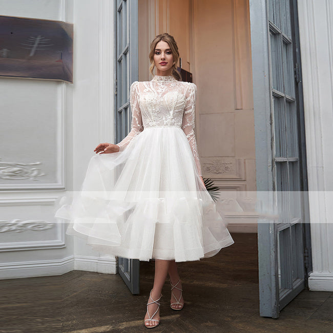High Collar With Sleeve Luxury Applique Wedding Dress Short Tulle Custom Elegant Tea Length Bride Gown Button Vestidos Hover Image