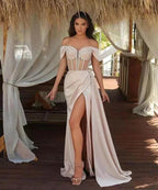 Off The Shoulder Champagne Mermaid Prom Dress with Beadings Split and Ruffles by BIZTUNNEL