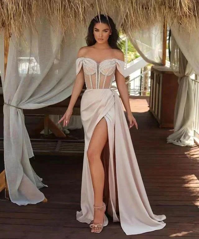 Off The Shoulder Champagne Mermaid Prom Dress with Beadings Split and Ruffles by BIZTUNNEL