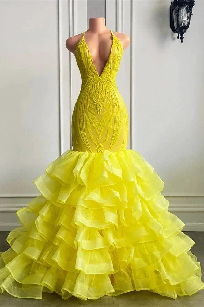 Yellow Long V Neck Halter Mermaid Tulle Lace Prom Dress with Ruffle by BIZTUNNEL