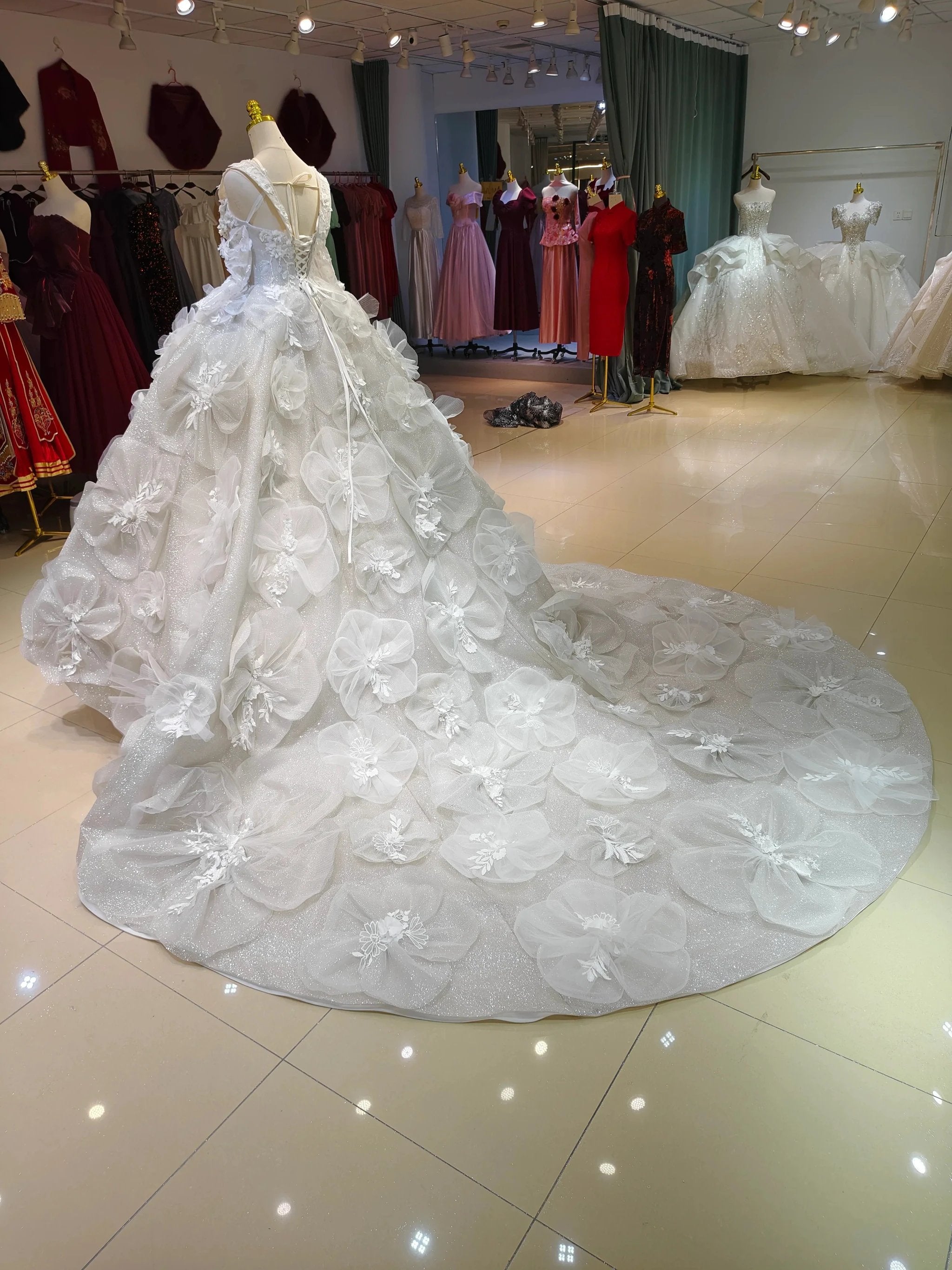 Ivory Petal Whisper Ballgown Organza Floral Bust & Bloom Train by ZAPDRESS