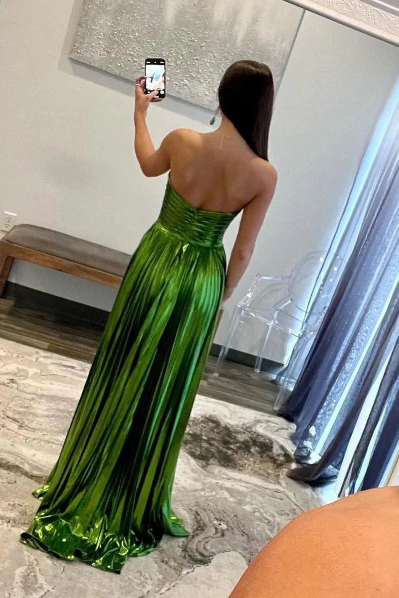 Oakley | Green Metallic Strapless Pleated A-Line Long Prom Dresses by KissProm