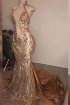 Elegant Halter Deep V-Neck Mermaid Floor-length Prom Dress by BIZTUNNEL