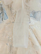 Cream Shimmer Off-Shoulder Ballgown Crystal-Embroidered Skirt & Fringed Collar by ZAPDRESS