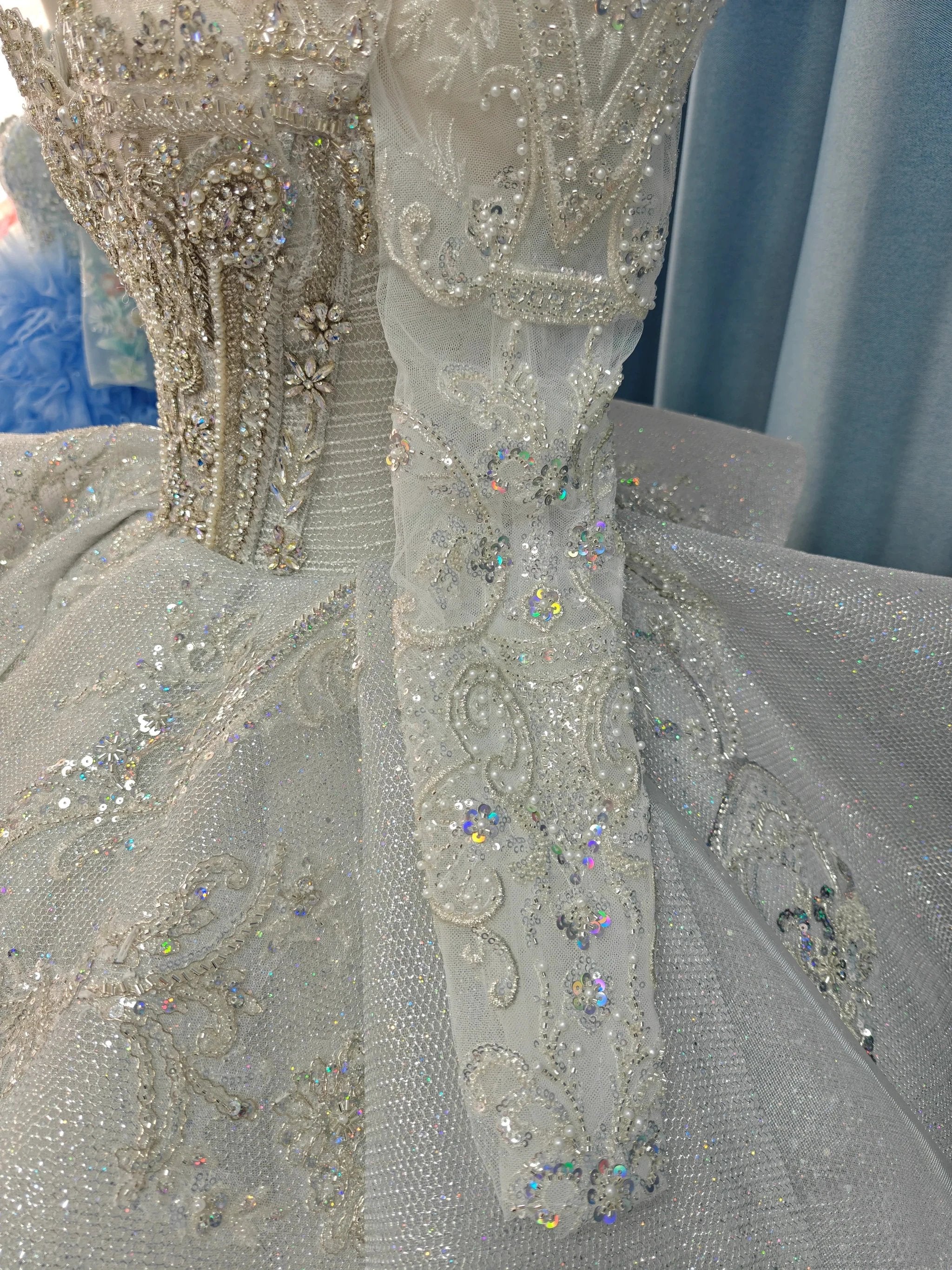 Gorgeous High-Neck Sequin Ball Gown Wedding Dress with Crystal Embroidery & Sheer Long Sleeves Ye-2021 by ZAPDRESS