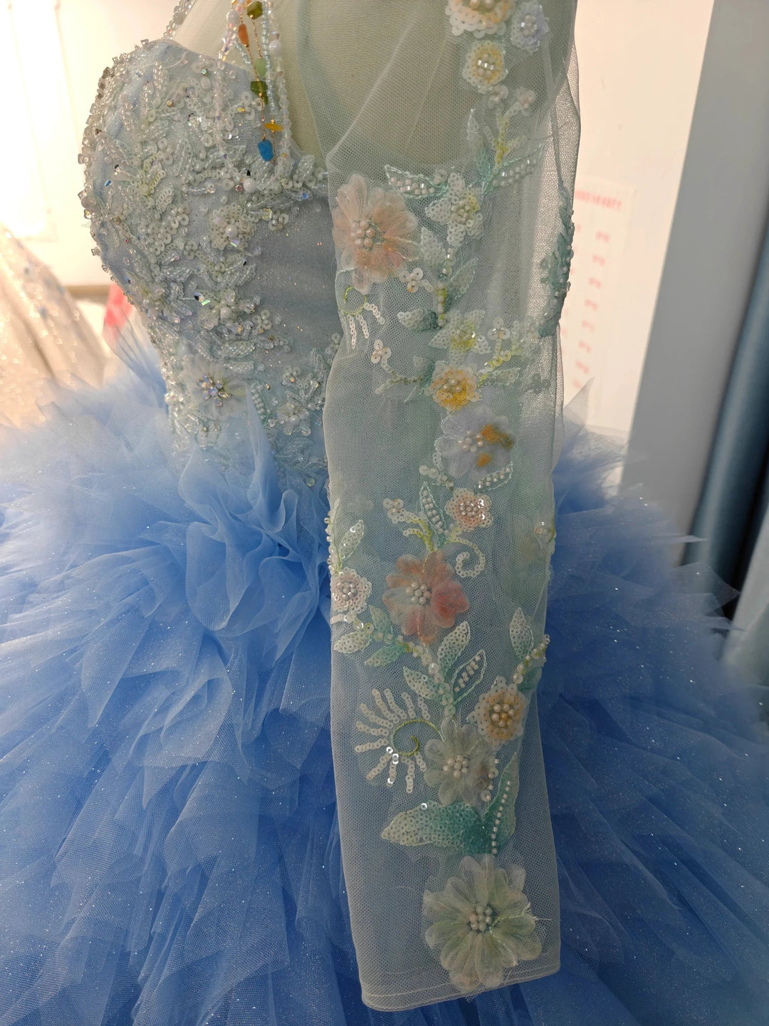 Vibrant Ombre Ball Gown High-Neck Long Embroidered Sleeve Beaded Ruffled Wedding Dress Ye-2017 by ZAPDRESS