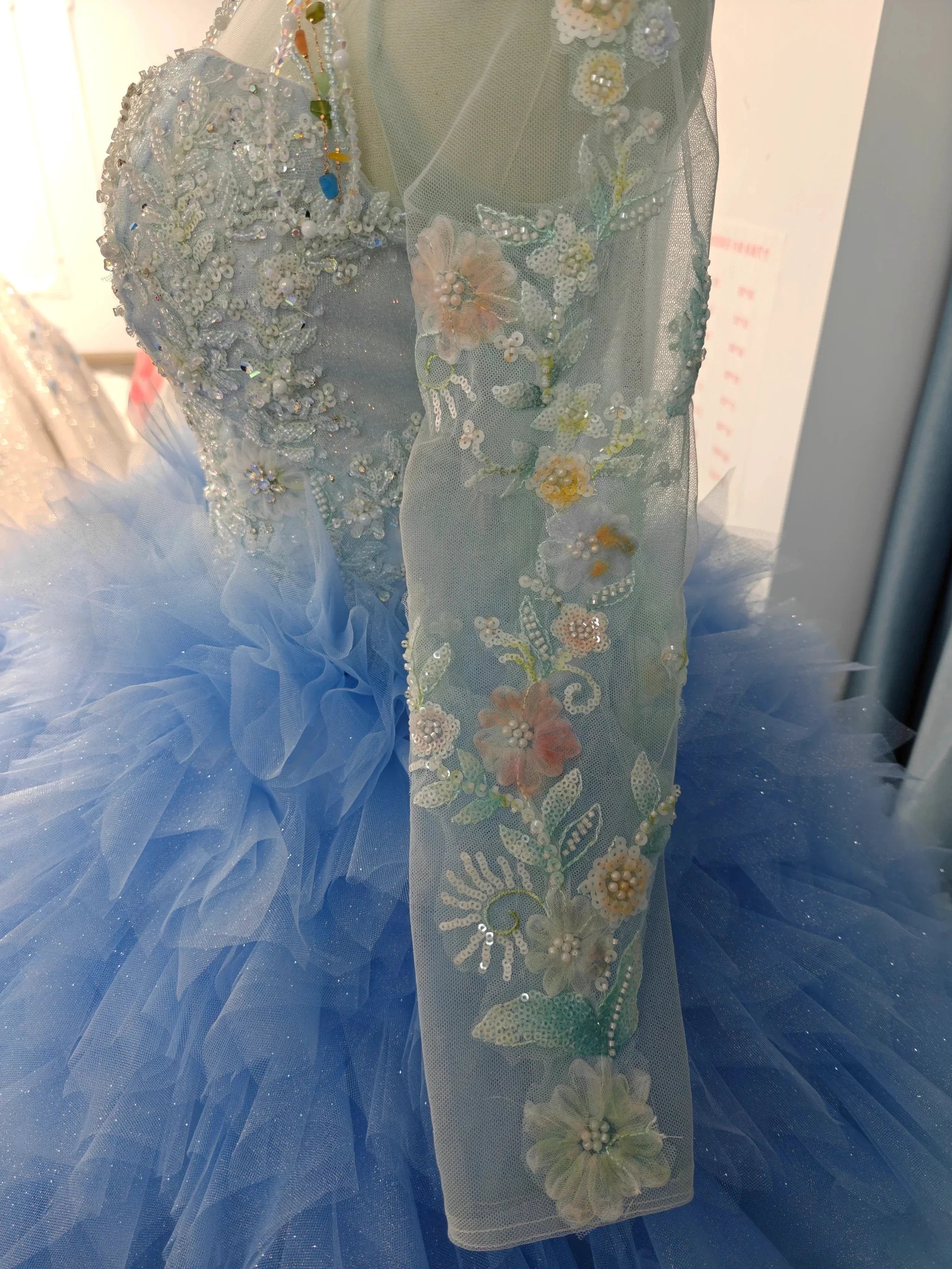 Vibrant Ombre Ball Gown High-Neck Long Embroidered Sleeve Beaded Ruffled Wedding Dress Ye-2017 by ZAPDRESS