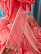 Vibrant Coral Red Off-the-Shoulder Ball Gown Wedding Dress with 3D Rose Appliqués & Beaded Tassels Ye-2036 by ZAPDRESS