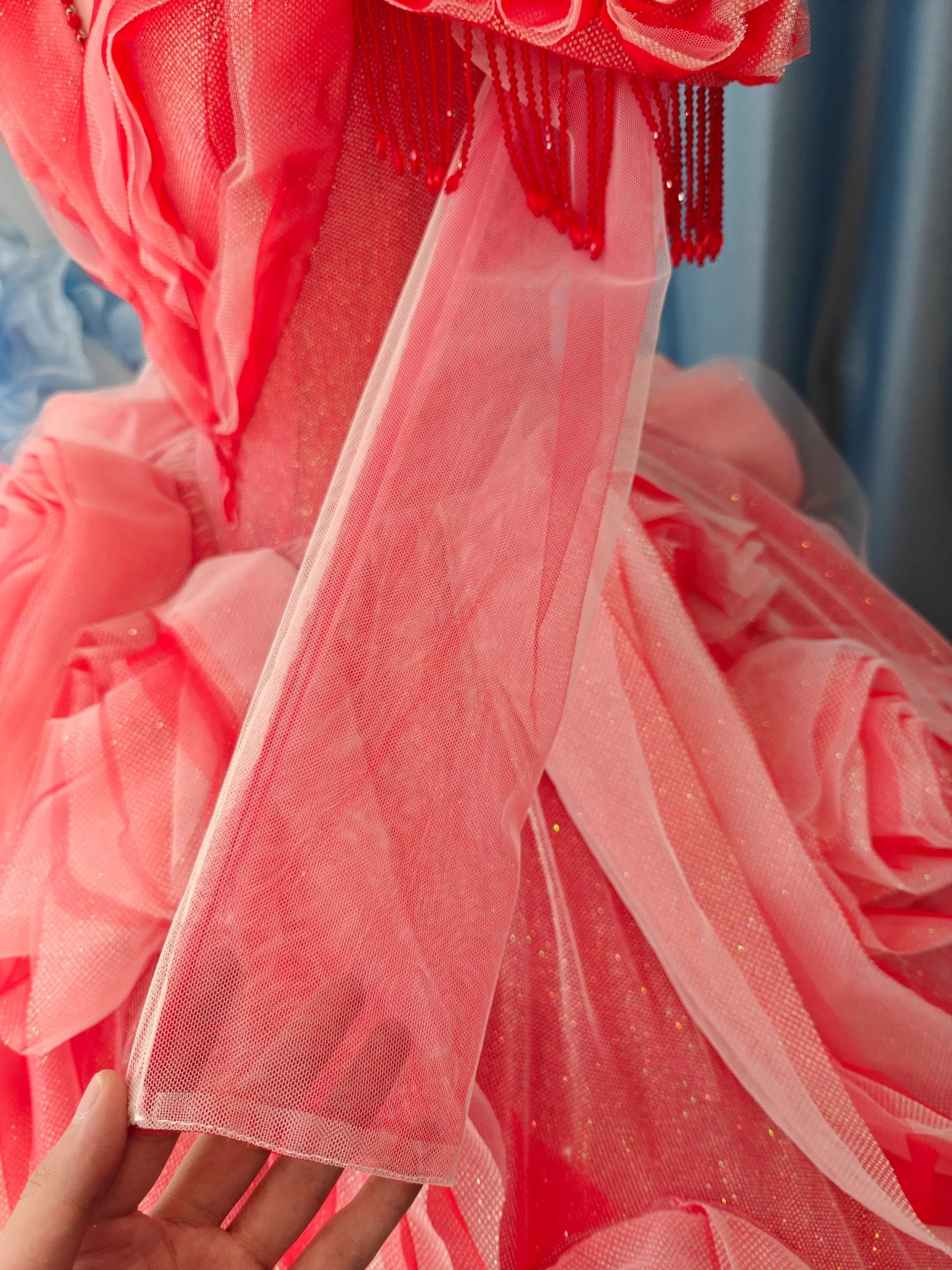 Vibrant Coral Red Off-the-Shoulder Ball Gown Wedding Dress with 3D Rose Appliqués & Beaded Tassels Ye-2036 by ZAPDRESS