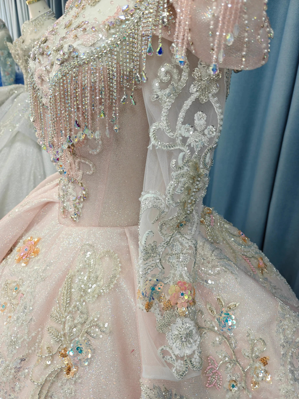 Lavish Blush Pink High-Neck Ball Gown Wedding Dress with Beaded Fringe & 3D Floral Embroidery Ye-2026 by ZAPDRESS
