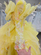 Vibrant Yellow High-Neck Ball Gown Wedding Dress with Ruffled Tulle, 3D Floral Embroidery & Corset Back Ye-2031 by ZAPDRESS