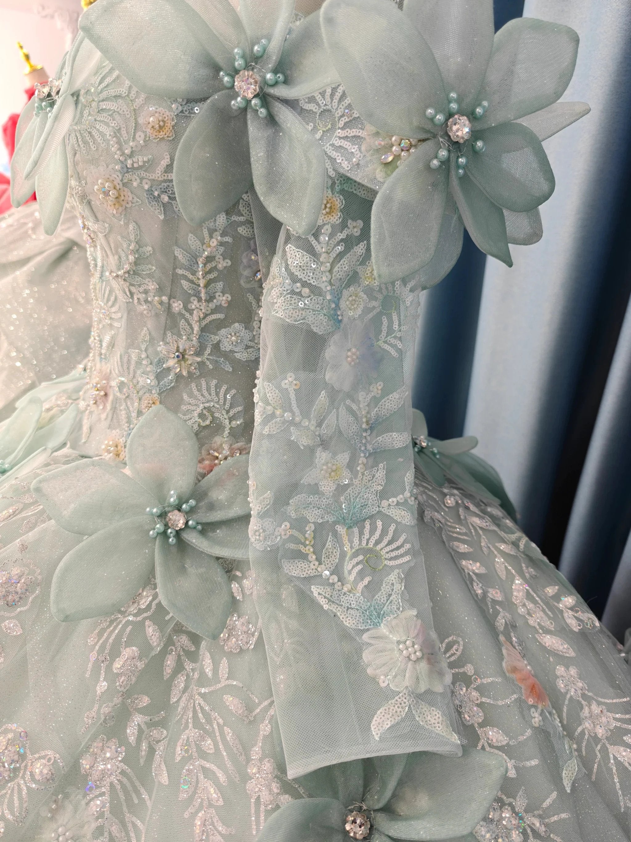 Fairy-Tale Mint Green High-Neck Ball Gown Wedding Dress with 3D Organza Flowers & Crystal Embroidery Ye-2025 by ZAPDRESS