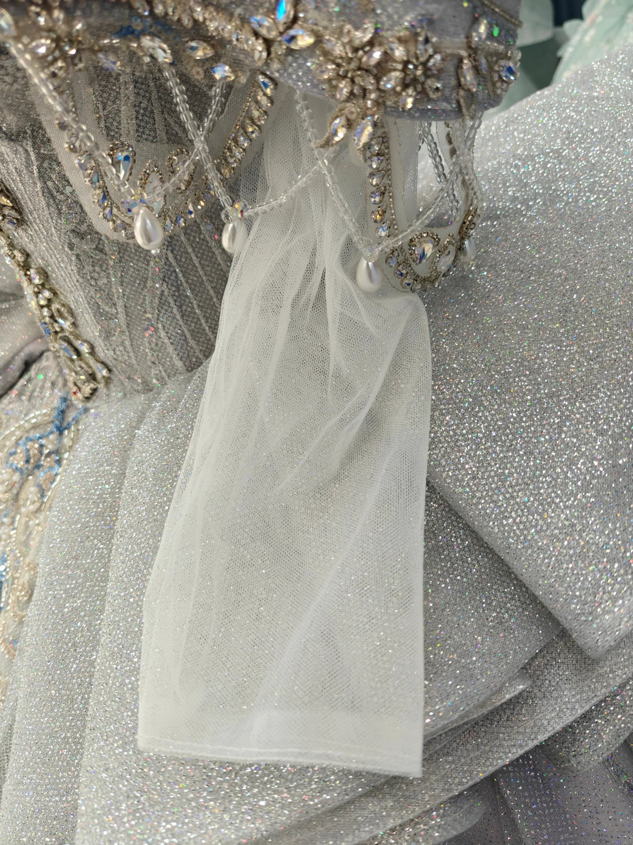Regal Silver-Gray Off-the-Shoulder Ball Gown Wedding Dress with Crystal Collar, Beaded Embroidery & Tulle Train Ye-2032 by ZAPDRESS