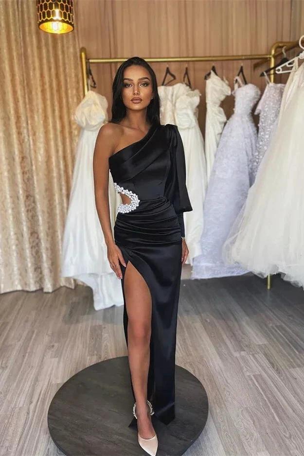 One Shoulder Long Sleeve Black Satin Evening Gown with Elegant Pleated Slit by BIZTUNNEL