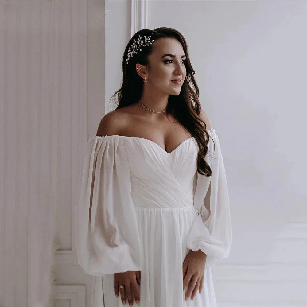 Off the Shoulder Chiffon Boho Wedding Dress 2022 V-Neck Long Lantern Sleeves A-Line Beach Bridal Gowns vestidos de novia by payinti