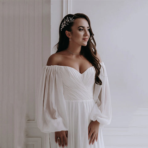 Off the Shoulder Chiffon Boho Wedding Dress 2022 V-Neck Long Lantern Sleeves A-Line Beach Bridal Gowns vestidos de novia