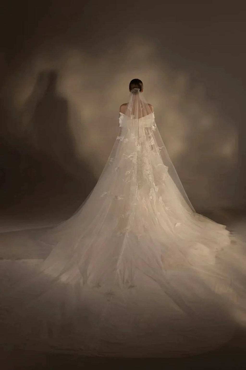 Gorgeous Long Ball Gown Off-the-Shoulder Satin & Tulle Wedding Dress with 3D Embroidery & Cathedral Train Q6013 by ZAPDRESS