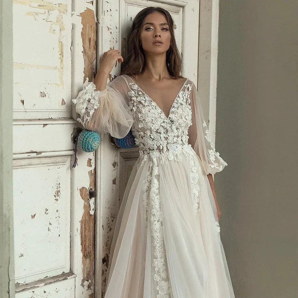 Elegant A-Line Wedding Dress Puff Sleeve Romantic Bridal Backless Beaded Appliques V-Neck Bride Dresses Vestido Noiva by payinti