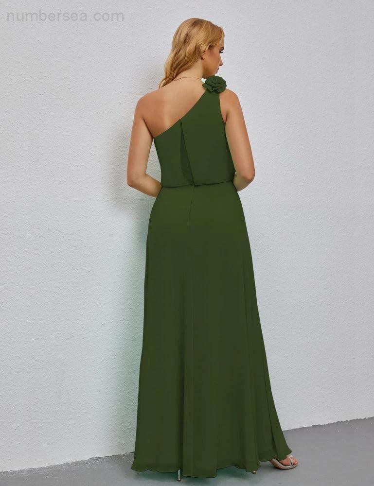 Ruffled One Shoulder Sleeveless Long Bridesmaid Dresses A-line Formal Evening Gown Side Split 28080 by numbersea
