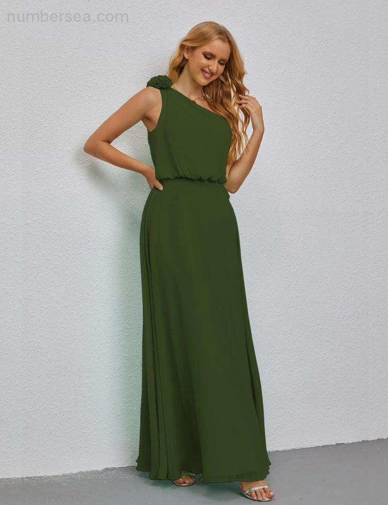 Ruffled One Shoulder Sleeveless Long Bridesmaid Dresses A-line Formal Evening Gown Side Split 28080 by numbersea
