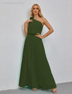 Ruffled One Shoulder Sleeveless Long Bridesmaid Dresses A-line Formal Evening Gown Side Split 28080 by numbersea