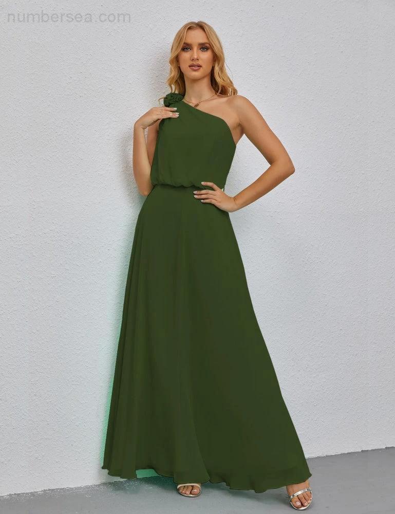 Ruffled One Shoulder Sleeveless Long Bridesmaid Dresses A-line Formal Evening Gown Side Split 28080 by numbersea