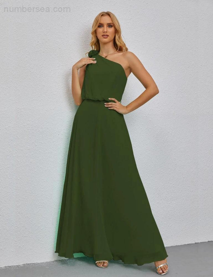 Ruffled One Shoulder Sleeveless Long Bridesmaid Dresses A-line Formal Evening Gown Side Split 28080 by numbersea