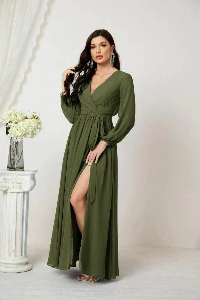 Sunnderly Evening Dresses Deep V-Neck Chiffon Bridesmaid Dresses Long Bishop Sleeve Side Split Formal Dress SY2806 by numbersea