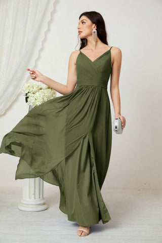 Numbersea Chiffon V-Neck Bridesmaid Dress Spaghetti Strap Long Formal Party Prom Gowns with Slit 28010