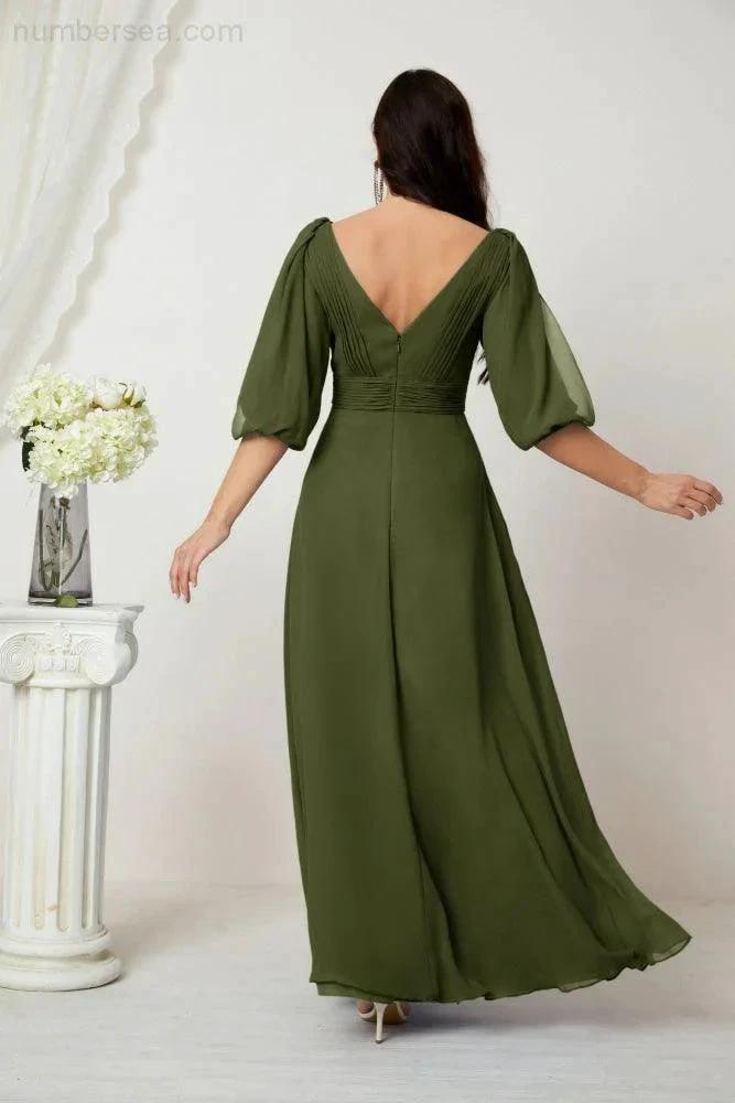 Numbersea Formal Prom Gown Women V-Neck Chiffon Bridesmaid Dresses Long Bishop Sleeve Party Dress 2807 by numbersea