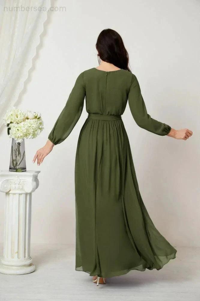Sunnderly Evening Dresses Deep V-Neck Chiffon Bridesmaid Dresses Long Bishop Sleeve Side Split Formal Dress SY2806 by numbersea