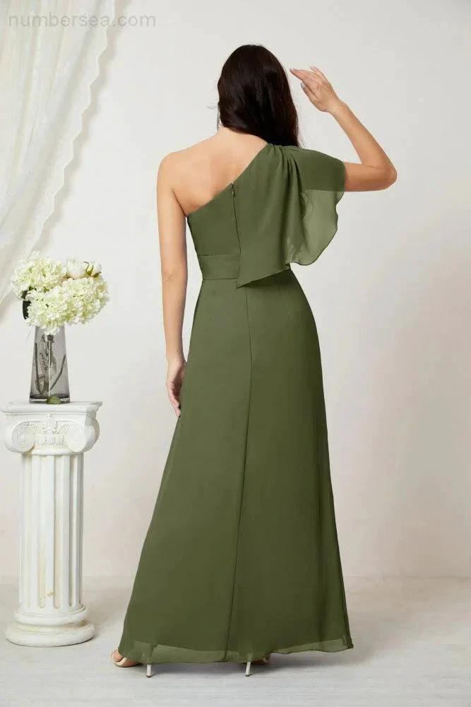 Numbersea Chiffon Ruffled One Shoulder Long Bridesmaid Dresses A-line Formal Evening Gown Side Split 2809 by numbersea