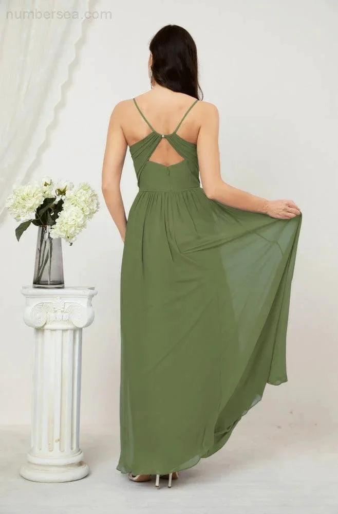 Numbersea Neck Bridesmaid Dresses Chiffon Long Spaghetti A-line Formal Prom Gown for Wedding Party Evening 2801 by numbersea