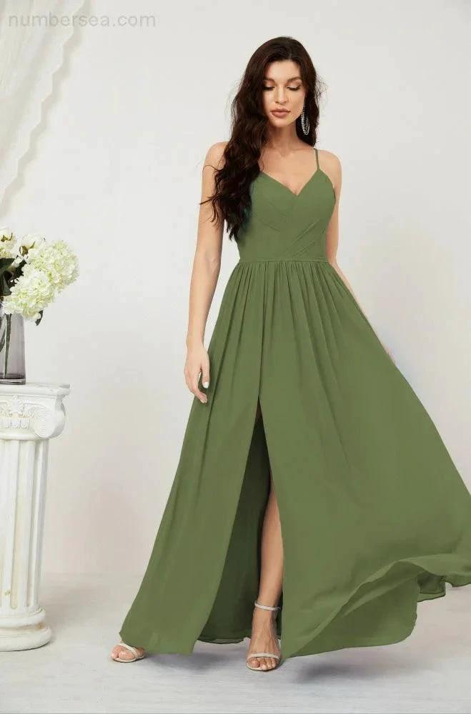 Numbersea Neck Bridesmaid Dresses Chiffon Long Spaghetti A-line Formal Prom Gown for Wedding Party Evening 2801 by numbersea