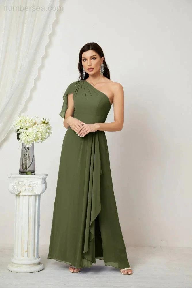 Numbersea Chiffon Ruffled One Shoulder Long Bridesmaid Dresses A-line Formal Evening Gown Side Split 2809 by numbersea